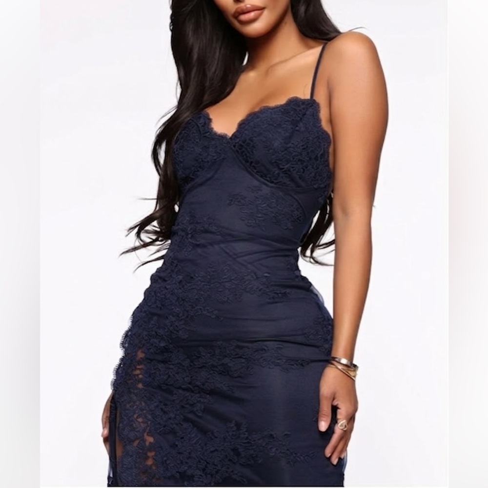 Fashion Nova XS A Night In Tokyo Lace Navy Blue Maxi Dress Slit Spaghetti Strap